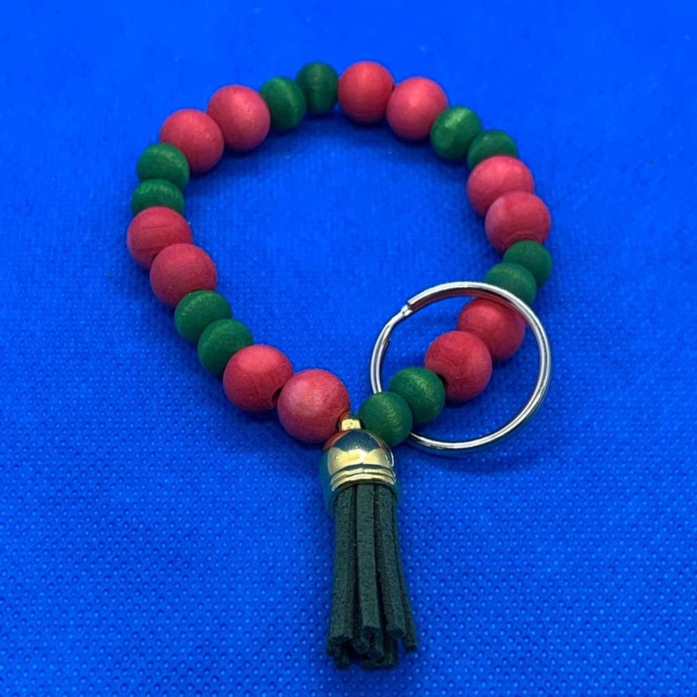 Hand Dyed Wood Bead Keychain Bracelet with Leather Tassel